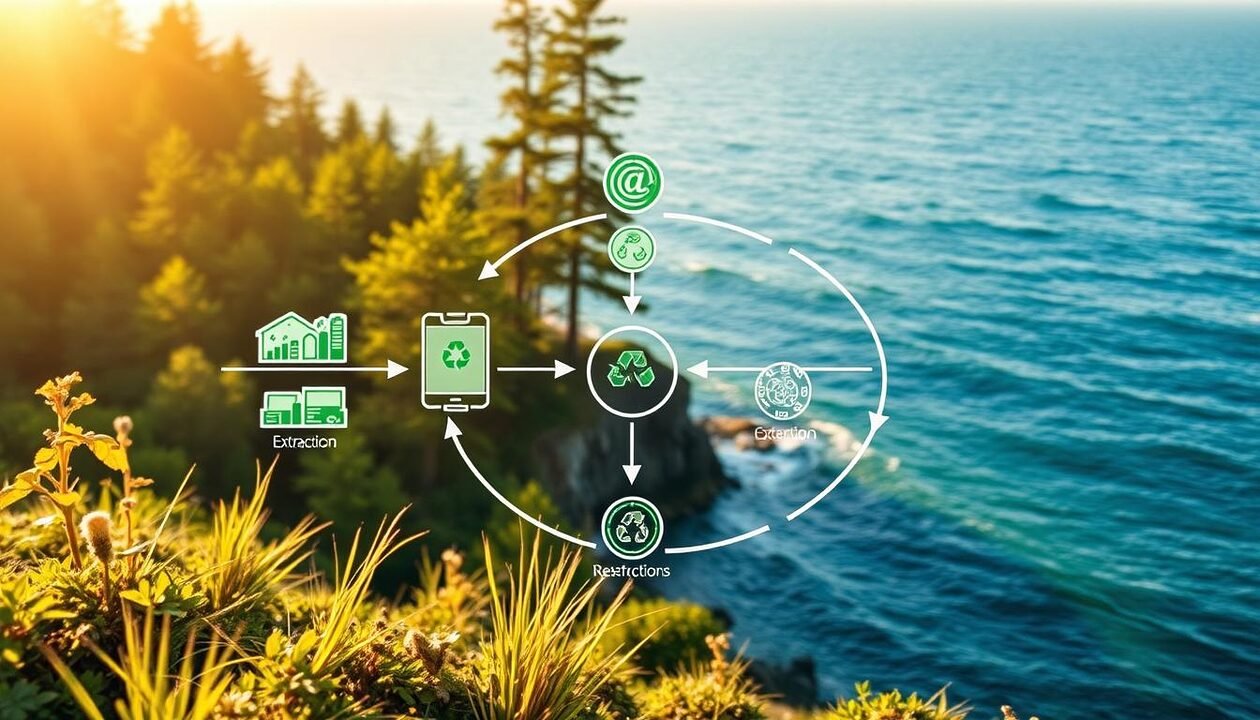 A visually engaging diagram illustrating the life cycle analysis of eco-friendly products. In the foreground, include detailed icons representing various stages: raw material extraction, manufacturing, distribution, usage, and end-of-life disposal, colored in green and earthy tones to emphasize sustainability. In the middle ground, depict a flowchart connecting these stages, with arrows and symbols representing energy flow and recycling. The background should feature a serene nature scene, such as a lush forest or a clean ocean, bathed in warm, natural lighting to convey an eco-friendly atmosphere. Use a wide-angle perspective to capture the interconnectedness of each stage while maintaining clarity and professionalism. Focus on creating a harmonious balance between nature and industry to highlight the importance of eco-friendly practices. A visually engaging diagram illustrating the life cycle analysis of eco-friendly products. In the foreground, include detailed icons representing various stages: raw material extraction, manufacturing, distribution, usage, and end-of-life disposal, colored in green and earthy tones to emphasize sustainability. In the middle ground, depict a flowchart connecting these stages, with arrows and symbols representing energy flow and recycling. The background should feature a serene nature scene, such as a lush forest or a clean ocean, bathed in warm, natural lighting to convey an eco-friendly atmosphere. Use a wide-angle perspective to capture the interconnectedness of each stage while maintaining clarity and professionalism. Focus on creating a harmonious balance between nature and industry to highlight the importance of eco-friendly practices.