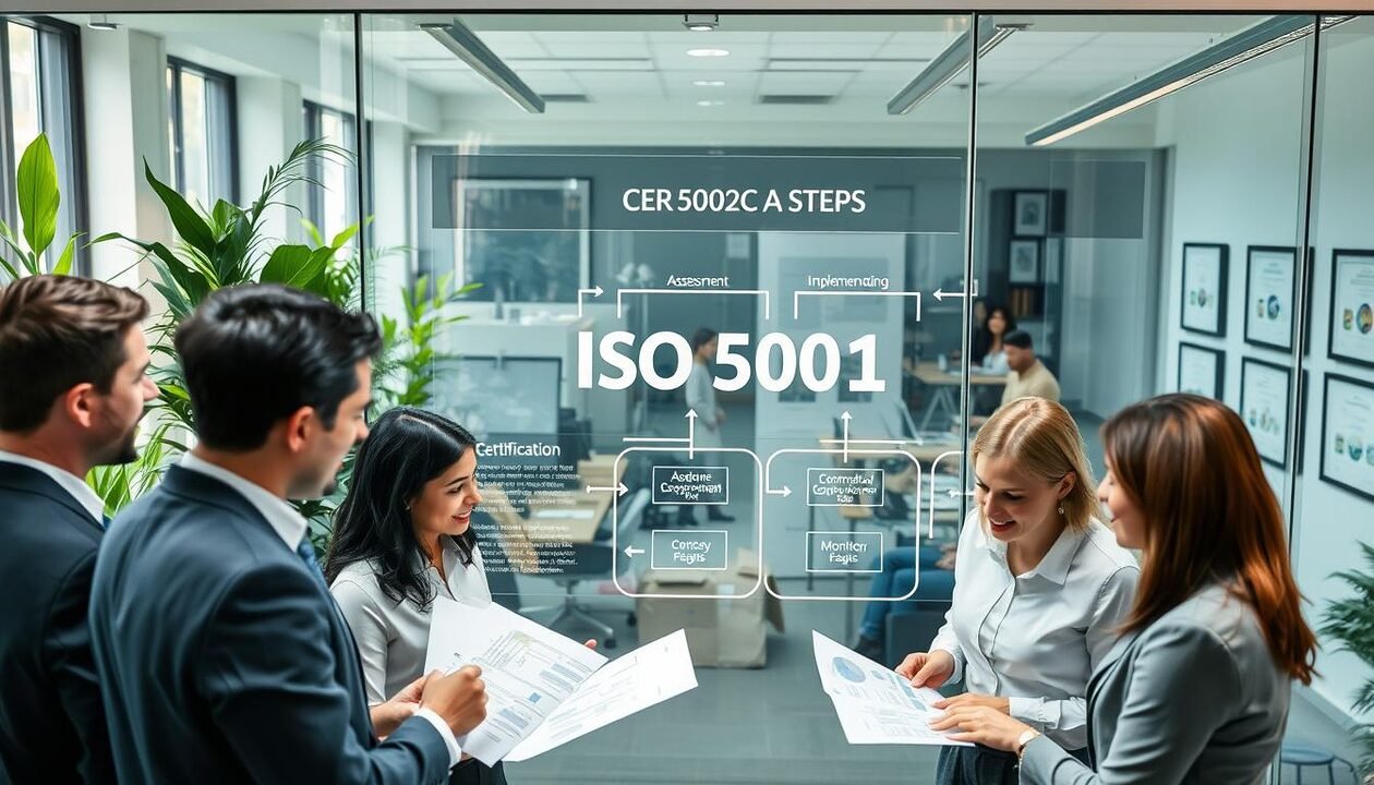 A visually engaging illustration of the key steps in obtaining ISO 50001 certification. Foreground: a diverse group of professionals in business attire, discussing charts and documents, representing collaboration and compliance. Middle ground: a large, clear flowchart displayed on a glass wall, highlighting the certification steps such as "Assessment," "Implementation," and "Monitoring." Background: a modern office environment with greenery, soft natural light filtering through large windows, and framed certificates on the walls. The atmosphere conveys professionalism and a commitment to energy management. A high-angle shot captures both the group and the flowchart, ensuring clarity and focus on the certification process.
