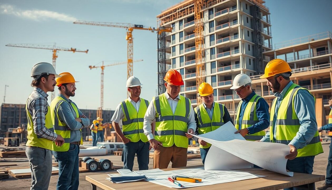 A construction site scene illustrating mise en place in the building sector. In the foreground, a diverse group of professionals in safety helmets and neon vests, including architects and site managers, are discussing project plans while reviewing blueprints on a table. In the middle ground, workers are actively assembling materials and equipment, showcasing a well-organized site with scaffolding, cranes, and tools. The background features a clear sky and ongoing construction of a modern building, emphasizing teamwork and organization. Natural daylight casts a bright, energetic atmosphere, highlighting a sense of efficiency and professionalism. Capture the scene from a slightly elevated angle to provide depth and clarity on the collaborative efforts on the construction site. A construction site scene illustrating mise en place in the building sector. In the foreground, a diverse group of professionals in safety helmets and neon vests, including architects and site managers, are discussing project plans while reviewing blueprints on a table. In the middle ground, workers are actively assembling materials and equipment, showcasing a well-organized site with scaffolding, cranes, and tools. The background features a clear sky and ongoing construction of a modern building, emphasizing teamwork and organization. Natural daylight casts a bright, energetic atmosphere, highlighting a sense of efficiency and professionalism. Capture the scene from a slightly elevated angle to provide depth and clarity on the collaborative efforts on the construction site.