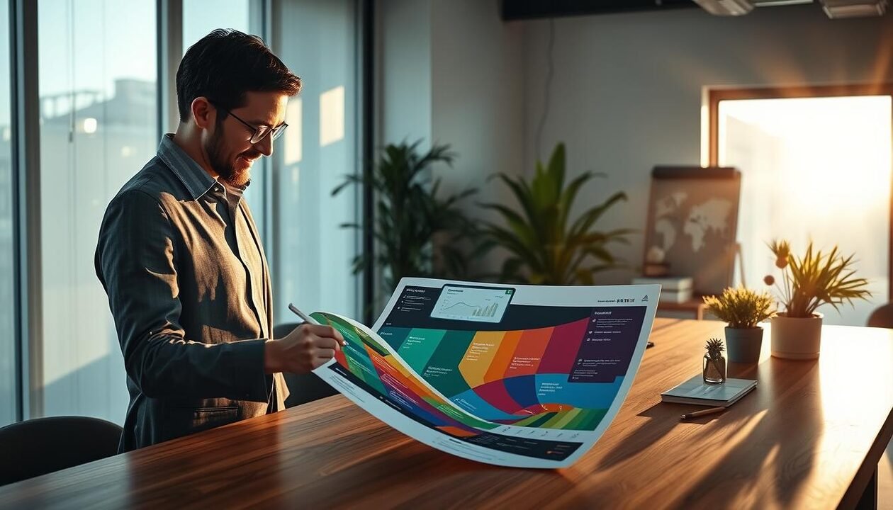 A detailed and visually rich operational roadmap for a Corporate Social Responsibility (CSR) strategy, showcased on a large wooden desk. In the foreground, a professional business professional in smart casual attire examines a vibrant, multi-colored infographic displaying the roadmap, featuring key milestones and sustainability goals. In the middle background, a digital tablet shows analytics related to energy compliance. Sunlight streams through a large window, casting a warm glow across the scene, creating an optimistic atmosphere. Potted plants and eco-friendly materials subtly decorate the setting, emphasizing a commitment to environmental sustainability. The overall mood is collaborative and focused, capturing the essence of strategic planning for energy and climate compliance.