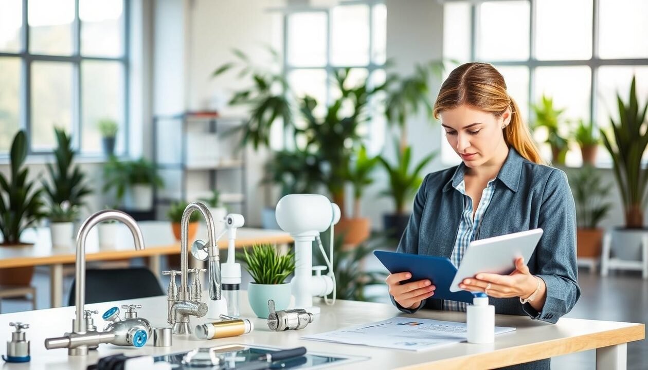 A detailed guide on water conservation practices, focusing on practical tips and tools. In the foreground, a professional woman in business casual attire is interacting with a digital tablet, analyzing water-saving statistics. In the middle ground, an organized workspace showcases various water-saving tools: low-flow showerheads, rainwater collection systems, and plumbing fixtures designed for efficiency. The background is a bright, modern office, emphasizing a sustainable atmosphere with potted plants and large windows allowing natural light in. The scene conveys a mood of professionalism and environmental consciousness, with soft lighting highlighting the importance of sustainable practices in the building sector.