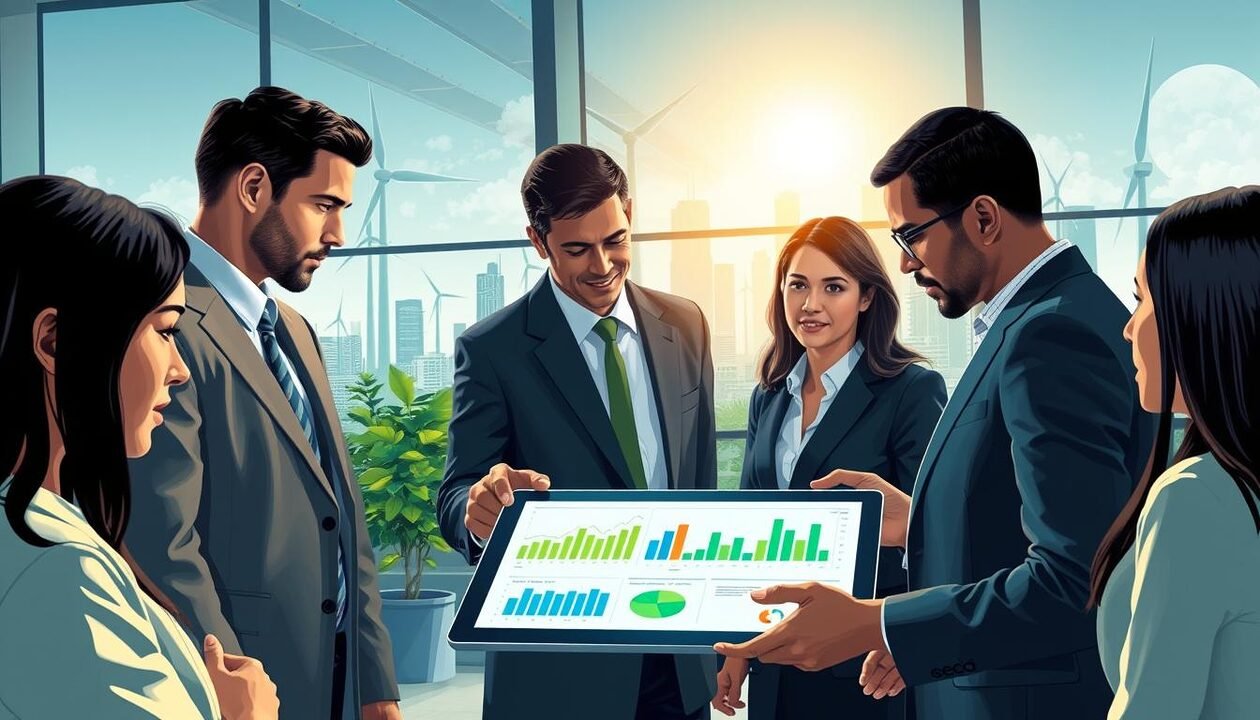 A detailed illustration of carbon budgets and greenhouse gas emissions tracking, showcasing the concept of a low-carbon economy. In the foreground, a diverse group of professional individuals in business attire, including men and women of different ethnicities, are engaged in a discussion around a digital tablet displaying graphs and charts related to emissions data. The middle ground features a futuristic office space with large windows, allowing natural light to fill the room, and plants strategically placed to symbolize sustainability. In the background, a city skyline represents urban development alongside green technology, such as wind turbines and solar panels. The atmosphere is focused and innovative, emphasizing collaboration and awareness of environmental impact. The lighting is bright and inviting, creating a sense of hope and proactive change.