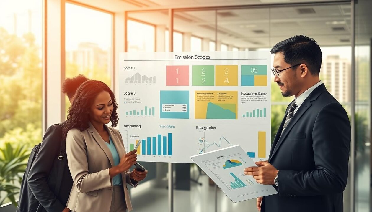 A detailed illustration of carbon footprint analysis and greenhouse gas emissions. In the foreground, a diverse group of professionals in business attire, including a Black woman and an Asian man, intently discussing charts and graphs on a digital tablet. The middle ground features a large visual display with infographics representing various emission scopes (Scope 1, 2, and 3), clearly labeled and color-coded. In the background, a modern office environment with large windows showing a green urban landscape. Soft, natural lighting filters in, creating a professional and optimistic atmosphere. The focus is on collaboration and regulatory discussions about carbon accounting, with the overall mood reflecting urgency and responsibility towards sustainability. A detailed illustration of carbon footprint analysis and greenhouse gas emissions. In the foreground, a diverse group of professionals in business attire, including a Black woman and an Asian man, intently discussing charts and graphs on a digital tablet. The middle ground features a large visual display with infographics representing various emission scopes (Scope 1, 2, and 3), clearly labeled and color-coded. In the background, a modern office environment with large windows showing a green urban landscape. Soft, natural lighting filters in, creating a professional and optimistic atmosphere. The focus is on collaboration and regulatory discussions about carbon accounting, with the overall mood reflecting urgency and responsibility towards sustainability.