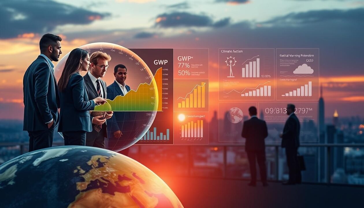 A detailed illustration of the Global Warming Potential (GWP), featuring a globe with varying colors representing different levels of CO2 emissions. In the foreground, a group of diverse professionals in business attire engaged in a discussion, pointing at a digital graph that illustrates trends in GWP measurements. The middle ground includes elements like bar graphs and infographics depicting emission statistics and environmental impact. In the background, a sunset over a city skyline symbolizes the urgency of climate action, with soft, warm lighting to create a hopeful yet serious atmosphere. Use a slightly elevated angle to capture both the human element and the informative graphics effectively. The overall mood should convey the importance of understanding and addressing global warming. A detailed illustration of the Global Warming Potential (GWP), featuring a globe with varying colors representing different levels of CO2 emissions. In the foreground, a group of diverse professionals in business attire engaged in a discussion, pointing at a digital graph that illustrates trends in GWP measurements. The middle ground includes elements like bar graphs and infographics depicting emission statistics and environmental impact. In the background, a sunset over a city skyline symbolizes the urgency of climate action, with soft, warm lighting to create a hopeful yet serious atmosphere. Use a slightly elevated angle to capture both the human element and the informative graphics effectively. The overall mood should convey the importance of understanding and addressing global warming.
