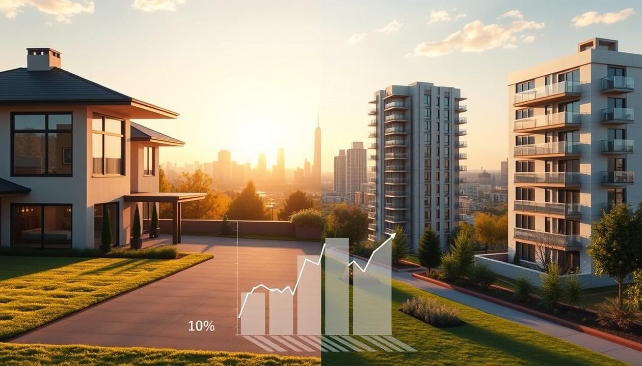 A detailed visual comparison of the cost differences between a house and an apartment. In the foreground, depict a modern house on the left side with a manicured lawn, large windows, and a driveway, radiating an inviting atmosphere. On the right side, illustrate a sleek apartment building with a contemporary design, showcasing balconies and urban landscape. In the middle ground, incorporate a subtle graph or infographic overlay to hint at cost metrics, without text. The background features a vibrant city skyline, symbolizing urban living versus suburban charm. Use soft, natural lighting to create a warm and professional mood, captured from a slightly elevated angle to emphasize both properties in a balanced way. Aim for a harmonious color palette to evoke clarity and insight into the topic. A detailed visual comparison of the cost differences between a house and an apartment. In the foreground, depict a modern house on the left side with a manicured lawn, large windows, and a driveway, radiating an inviting atmosphere. On the right side, illustrate a sleek apartment building with a contemporary design, showcasing balconies and urban landscape. In the middle ground, incorporate a subtle graph or infographic overlay to hint at cost metrics, without text. The background features a vibrant city skyline, symbolizing urban living versus suburban charm. Use soft, natural lighting to create a warm and professional mood, captured from a slightly elevated angle to emphasize both properties in a balanced way. Aim for a harmonious color palette to evoke clarity and insight into the topic.