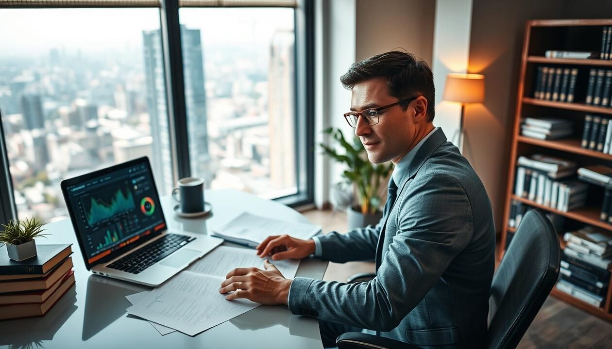 A focused and analytical scene depicting the in-depth study of the AGEC law in a modern office environment. In the foreground, a professional individual, dressed in business attire, is seated at a sleek desk, surrounded by several open documents and a laptop displaying data analysis. The middle ground features a large window revealing a cityscape, hinting at progress and sustainability. Scholarly books on legislation and environmental policies are neatly arranged on a nearby shelf. The background is softly lit with natural light, creating a warm and engaging atmosphere. The mood is one of concentration and insight, perfect for illustrating the concept of a thorough legal analysis. The camera angle is slightly overhead, capturing both the subject and their surrounding workspace.