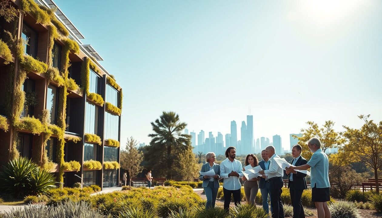 A modern building showcasing sustainable architectural design in the foreground, adorned with green walls, solar panels, and large windows reflecting natural light. In the middle ground, a landscaped garden with native plants and trees, highlighting biodiversity. In the background, a city skyline under a clear blue sky, symbolizing urban integration of environmentally friendly structures. The scene is illuminated by soft, warm sunlight, creating a hopeful and vibrant atmosphere. A diverse group of professionals in business attire discussions, analyzing plans and blueprints related to energy efficiency and sustainability. The perspective is slightly elevated, capturing the essence of innovation in building development while emphasizing the importance of environmental transition in architecture.