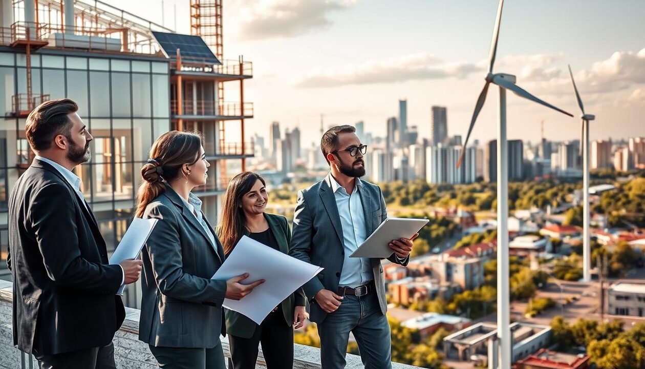 A modern energy-efficient building under construction, showcasing the concept of Energy Performance Diagnosis (DPE) in the context of energy transition. In the foreground, a diverse group of professionals in business attire discuss plans, with blueprints and digital tablets in hand. The middle ground features an architect pointing towards a solar panel installation on the roof and a wind turbine in the vicinity. The background includes a vibrant city skyline, with green spaces and energy-efficient buildings in sight, bathed in warm afternoon sunlight that casts soft shadows. The atmosphere conveys innovation and collaboration, symbolizing progress towards sustainable building practices. No text or signatures present.