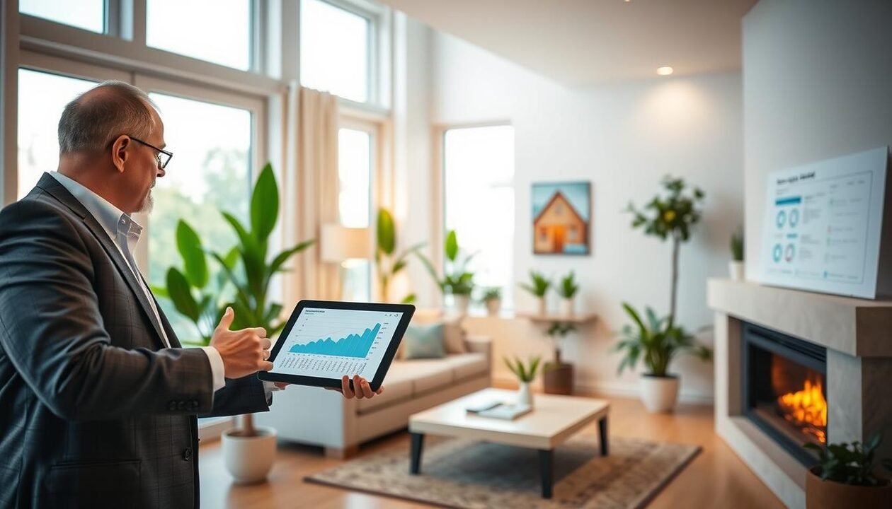 A modern, energy-efficient home interior showcasing various elements that optimize energy performance. In the foreground, an expert consultant, dressed in professional business attire, demonstrates an energy monitor and displays graphs on a tablet. In the middle, a bright, airy living room features large windows allowing natural light to flood in, with energy-saving LED lights illuminating the space. Green plants add a touch of nature, emphasizing sustainability. The background reveals a digitally designed energy audit report and fireplace with a smart thermostat, symbolizing advanced technology in energy optimization. Soft, warm lighting creates an inviting atmosphere, and the angle captures the depth of the room, drawing the viewer into the scene while maintaining clarity.