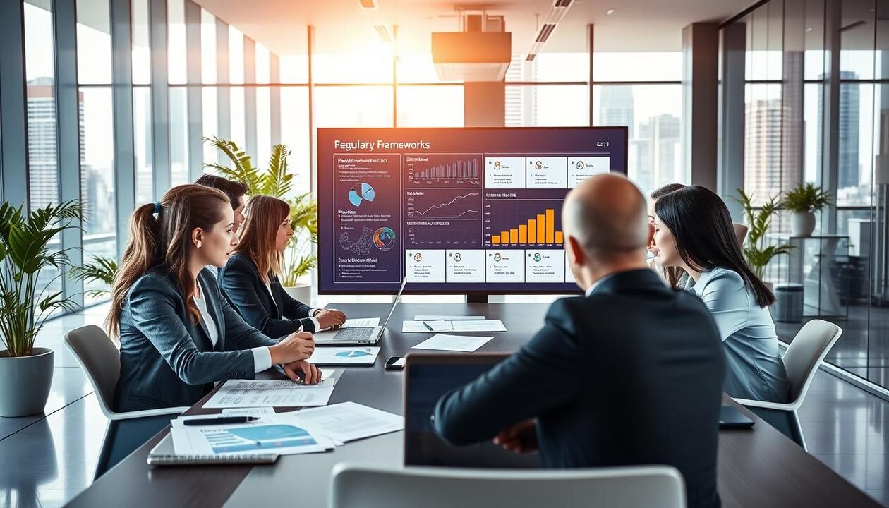 A modern office environment showcasing the application of regulatory compliance in businesses. In the foreground, a diverse group of three professionals, dressed in professional business attire, are engaged in a serious discussion around a conference table, with charts and documents spread out in front of them. In the middle, a large digital screen displays regulatory frameworks and compliance metrics, indicating a high-tech atmosphere. The background features a sleek office design with glass walls, plants, and city skyline views through the windows, emphasizing innovation and professionalism. Bright, natural lighting filters in, creating a dynamic and focused mood that conveys urgency and importance in adhering to regulations.
