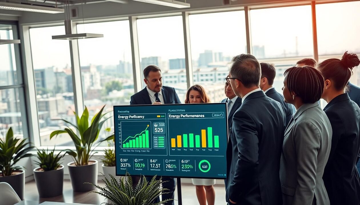 A modern office environment with a focus on energy efficiency: in the foreground, a diverse group of professional individuals in business attire, engaged in a discussion around a large digital screen displaying energy performance indicators. In the middle ground, there are sleek, eco-friendly design elements like plants, energy-saving light fixtures, and large windows with natural light flooding the room. In the background, a cityscape with green buildings and solar panels on rooftops, symbolizing sustainable architecture. The lighting is bright and inviting, enhancing the atmosphere of innovation and collaboration. The perspective is slightly elevated, providing a comprehensive view of the workspace while emphasizing the importance of energy transition in buildings. A modern office environment with a focus on energy efficiency: in the foreground, a diverse group of professional individuals in business attire, engaged in a discussion around a large digital screen displaying energy performance indicators. In the middle ground, there are sleek, eco-friendly design elements like plants, energy-saving light fixtures, and large windows with natural light flooding the room. In the background, a cityscape with green buildings and solar panels on rooftops, symbolizing sustainable architecture. The lighting is bright and inviting, enhancing the atmosphere of innovation and collaboration. The perspective is slightly elevated, providing a comprehensive view of the workspace while emphasizing the importance of energy transition in buildings.
