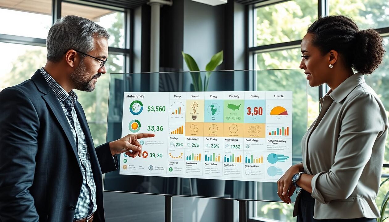 A modern office setting featuring a diverse group of three professionals engaged in a collaborative discussion around a large digital display showing an evolving materiality matrix. The foreground highlights their focused expressions, dressed in smart business attire, with one person pointing at the screen, illustrating key energy and climate metrics. In the middle, the interactive matrix is filled with colorful charts, icons, and graphs representing various sustainability criteria. The background features large windows allowing natural light to flood in, casting soft shadows, with greenery visible outside to enhance the eco-conscious theme. The atmosphere is one of innovation and teamwork, aiming for a positive and forward-thinking vibe. A modern office setting featuring a diverse group of three professionals engaged in a collaborative discussion around a large digital display showing an evolving materiality matrix. The foreground highlights their focused expressions, dressed in smart business attire, with one person pointing at the screen, illustrating key energy and climate metrics. In the middle, the interactive matrix is filled with colorful charts, icons, and graphs representing various sustainability criteria. The background features large windows allowing natural light to flood in, casting soft shadows, with greenery visible outside to enhance the eco-conscious theme. The atmosphere is one of innovation and teamwork, aiming for a positive and forward-thinking vibe.