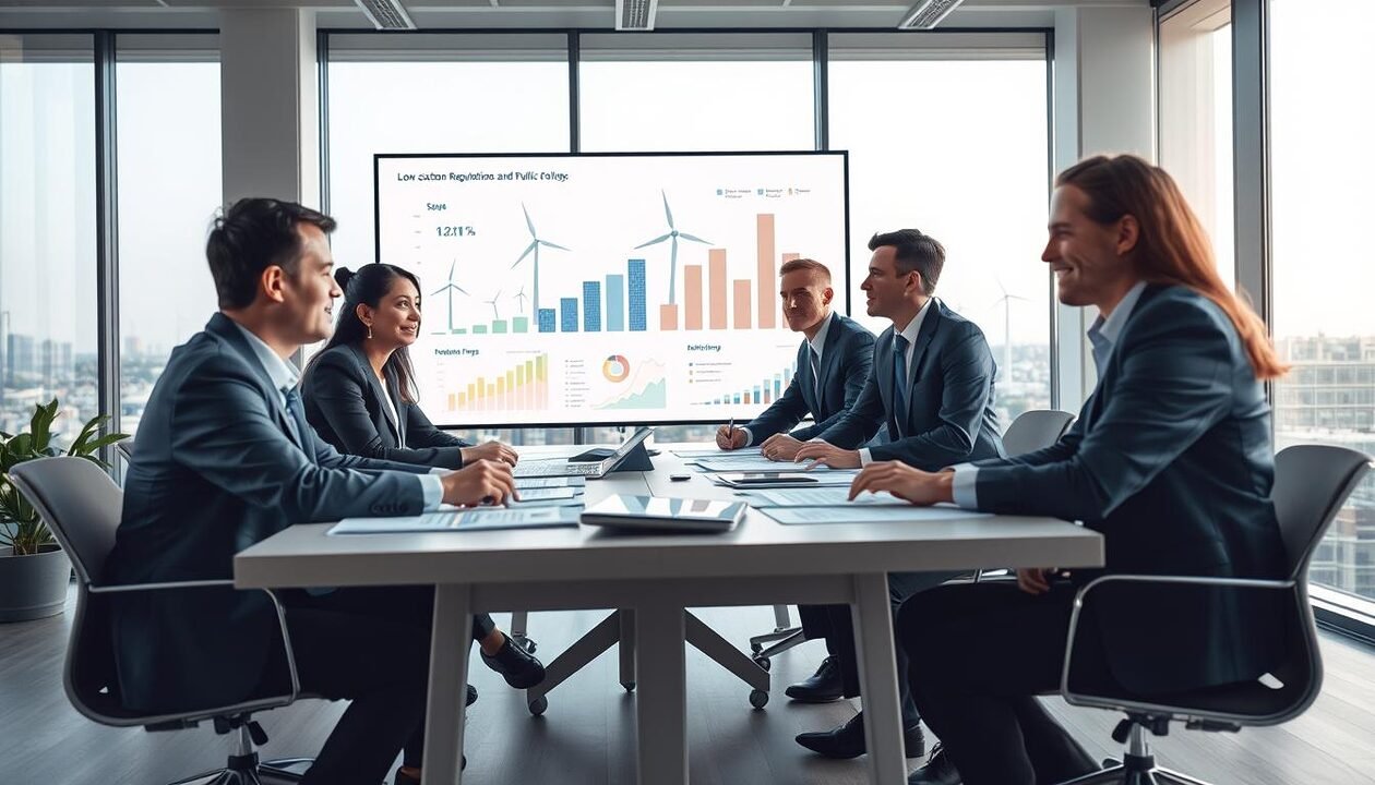 A modern office setting focused on low-carbon regulations and public policies. In the foreground, a diverse group of professionals in smart business attire are engaged in a discussion around a large table filled with documents and digital devices. In the middle ground, a large screen displays graphs and data visualizations related to energy efficiency and carbon reduction strategies. The background shows a large window with a view of a cityscape incorporating green technologies, such as solar panels and wind turbines. Soft, natural light filters through the window, creating a collaborative and optimistic atmosphere. The angle is slightly elevated to capture the dynamic interaction among the team, emphasizing the importance of energy as a key lever in low-carbon strategy. A modern office setting focused on low-carbon regulations and public policies. In the foreground, a diverse group of professionals in smart business attire are engaged in a discussion around a large table filled with documents and digital devices. In the middle ground, a large screen displays graphs and data visualizations related to energy efficiency and carbon reduction strategies. The background shows a large window with a view of a cityscape incorporating green technologies, such as solar panels and wind turbines. Soft, natural light filters through the window, creating a collaborative and optimistic atmosphere. The angle is slightly elevated to capture the dynamic interaction among the team, emphasizing the importance of energy as a key lever in low-carbon strategy.