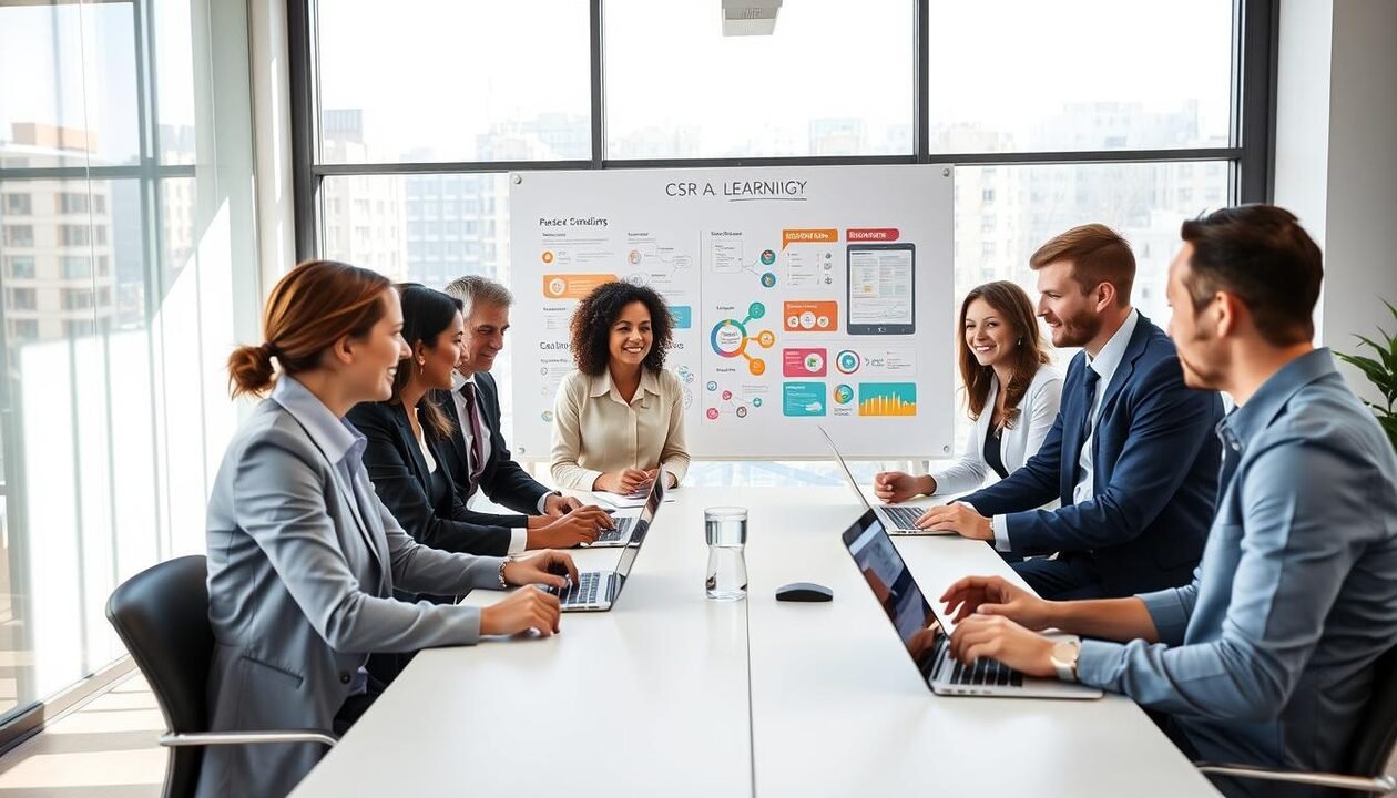 A modern office setting illustrating the theme of Communication and Training in Corporate Social Responsibility (CSR) strategy. In the foreground, a diverse group of professionals dressed in business attire is engaged in a lively discussion around a workshop table, utilizing laptops and digital tablets. In the middle ground, a large whiteboard displays colorful infographics and flowcharts related to CSR initiatives. The background features large windows allowing natural light to flood the space, creating an atmosphere of openness and collaboration. The lighting is bright and professional, enhancing the mood of productivity and teamwork. The image should evoke a sense of innovation and commitment to social responsibility, showcasing effective communication and active learning.