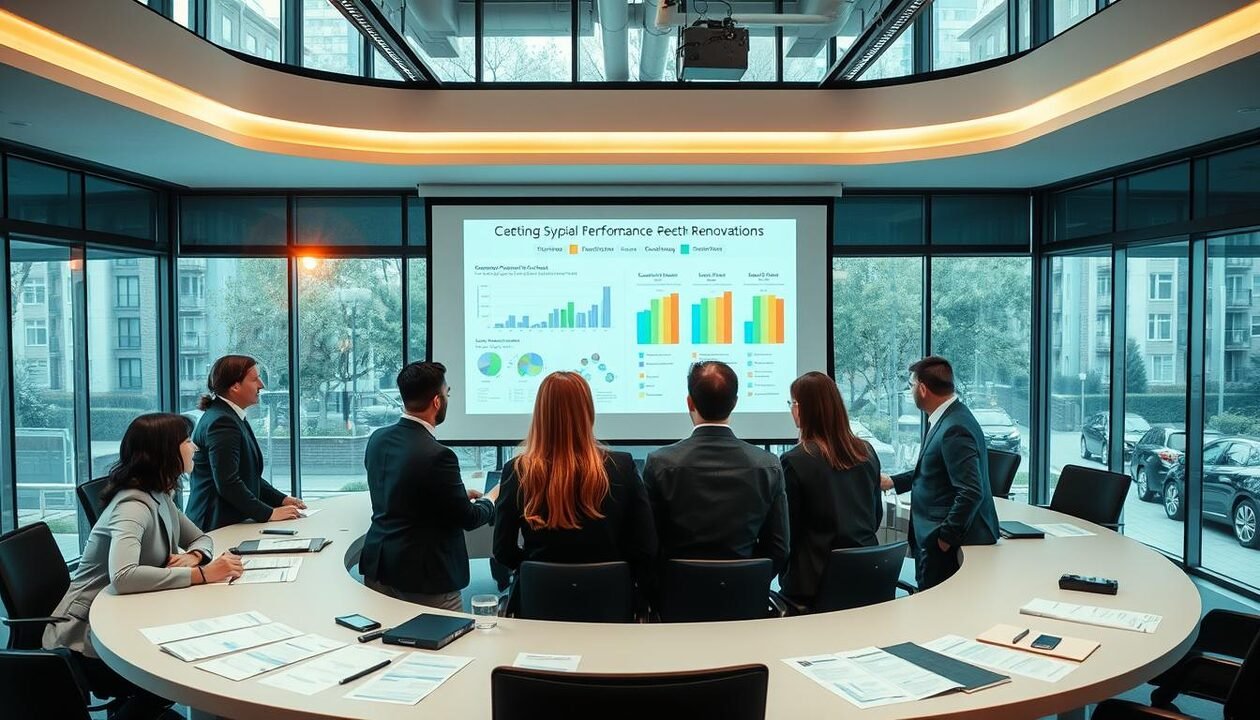 A modern, spacious meeting room filled with a diverse group of professionals engaged in a collaborative discussion about collective property renovations. In the foreground, a diverse group of 5 people dressed in smart business attire is around a large oval table, with documents and digital devices scattered about. In the middle ground, a large projection screen displays detailed charts and renovation plans related to energy performance certificates (DPE). The background showcases glass windows allowing natural light to stream in, casting a warm, inviting glow throughout the room. The overall mood is focused and productive, emphasizing teamwork and planning for sustainable development in shared living spaces. The composition captures a sense of urgency and anticipation as the group prepares for a critical decision-making process. A modern, spacious meeting room filled with a diverse group of professionals engaged in a collaborative discussion about collective property renovations. In the foreground, a diverse group of 5 people dressed in smart business attire is around a large oval table, with documents and digital devices scattered about. In the middle ground, a large projection screen displays detailed charts and renovation plans related to energy performance certificates (DPE). The background showcases glass windows allowing natural light to stream in, casting a warm, inviting glow throughout the room. The overall mood is focused and productive, emphasizing teamwork and planning for sustainable development in shared living spaces. The composition captures a sense of urgency and anticipation as the group prepares for a critical decision-making process.