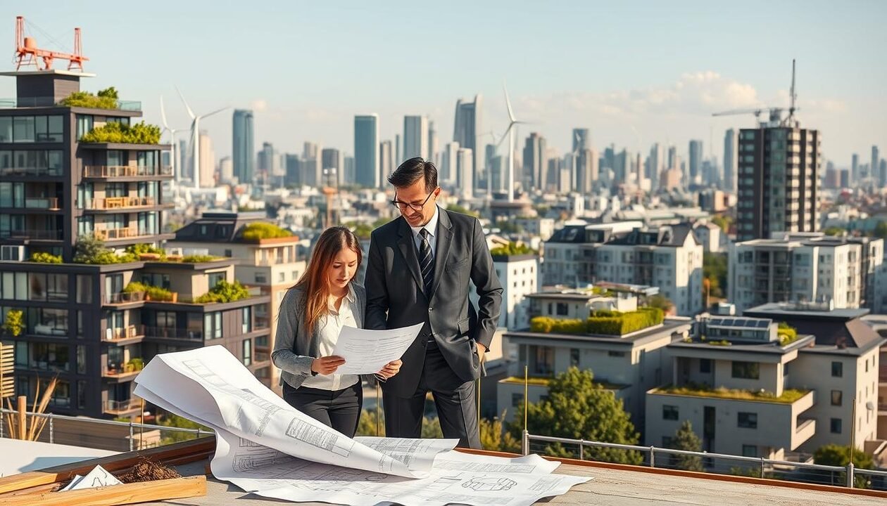 A modern urban scene illustrating sustainable building practices influenced by carbon tax policies. In the foreground, a diverse group of professionals in business attire discusses plans over blueprints at a construction site, showcasing a blend of traditional and eco-friendly materials. The middle ground features buildings with green roofs, solar panels, and efficient windows, highlighting the renovation aspect. In the background, a city skyline with wind turbines and solar farms is visible against a clear sky. Soft natural lighting illuminates the scene, enhancing the sense of optimism and growth. The overall atmosphere conveys a proactive approach to sustainability and carbon reduction, reflecting the impact of carbon tax on the renovation of buildings. A modern urban scene illustrating sustainable building practices influenced by carbon tax policies. In the foreground, a diverse group of professionals in business attire discusses plans over blueprints at a construction site, showcasing a blend of traditional and eco-friendly materials. The middle ground features buildings with green roofs, solar panels, and efficient windows, highlighting the renovation aspect. In the background, a city skyline with wind turbines and solar farms is visible against a clear sky. Soft natural lighting illuminates the scene, enhancing the sense of optimism and growth. The overall atmosphere conveys a proactive approach to sustainability and carbon reduction, reflecting the impact of carbon tax on the renovation of buildings.