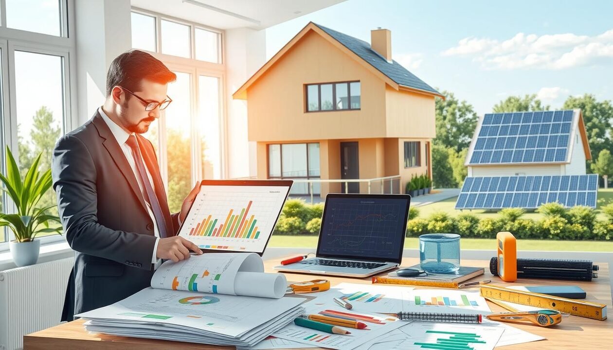A professional and detailed illustration depicting the methodology of calculating the DPE (Diagnostic de Performance Énergétique). In the foreground, a smartly dressed architect or energy consultant examines blueprints and digital tools, such as a laptop displaying energy efficiency graphs and calculations. The middle layer includes a nearby desk filled with measuring instruments, energy modeling software, and color-coded charts. In the background, an energy-efficient home with solar panels and green landscaping is visible, symbolizing sustainability. The lighting is bright and natural, streaming in through large windows to create a fresh and inspiring atmosphere. This setting should convey professionalism, innovation, and clarity, emphasizing the importance of DPE calculations in real estate. A professional and detailed illustration depicting the methodology of calculating the DPE (Diagnostic de Performance Énergétique). In the foreground, a smartly dressed architect or energy consultant examines blueprints and digital tools, such as a laptop displaying energy efficiency graphs and calculations. The middle layer includes a nearby desk filled with measuring instruments, energy modeling software, and color-coded charts. In the background, an energy-efficient home with solar panels and green landscaping is visible, symbolizing sustainability. The lighting is bright and natural, streaming in through large windows to create a fresh and inspiring atmosphere. This setting should convey professionalism, innovation, and clarity, emphasizing the importance of DPE calculations in real estate.