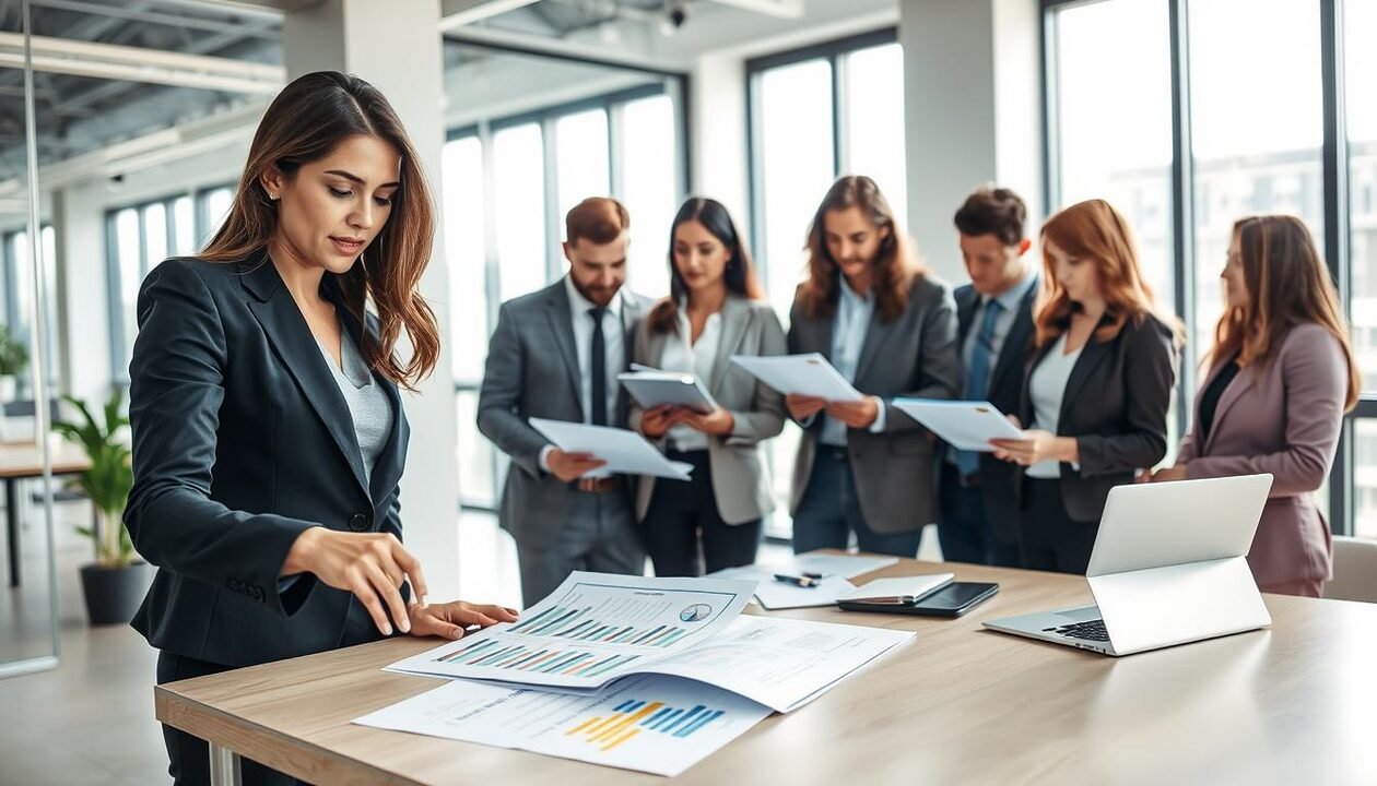 A professional business consultant working with a group of diverse professionals in a modern office environment, discussing compliance strategies related to the Loi AGEC. In the foreground, a woman in a smart business suit points to a detailed report on the table, focusing on key compliance indicators. In the middle, a diverse group of men and women, dressed in professional attire, engage in a lively discussion, with documents and laptops open, showcasing teamwork. In the background, large windows illuminate the modern office space with natural light, creating an atmosphere of collaboration and productivity. The mood is focused and dynamic, emphasizing the importance of effective compliance support. The image should be well-composed with soft lighting, shot at eye level to capture the energy and professionalism of the scene.