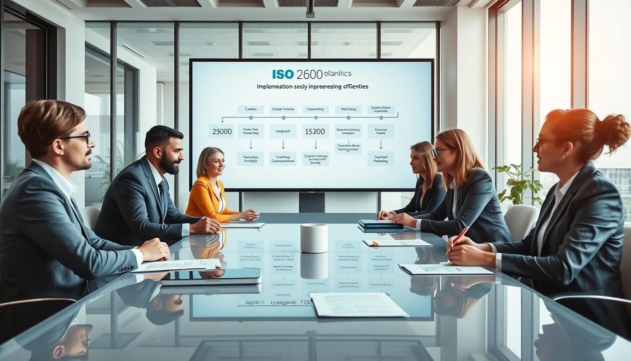A professional business setting illustrating the implementation of ISO 26000, focusing on social responsibility in corporations. In the foreground, diverse business professionals in formal attire discuss strategies, with papers and digital devices on a sleek conference table. The middle ground features a large screen displaying a flowchart or timeline of ISO 26000 obligations and milestones, symbolizing the planning process. The background should contain modern office decor and a large window, allowing natural light to illuminate the scene, creating a bright and optimistic atmosphere. The image should convey a sense of collaboration, responsibility, and forward-thinking, with a focus on teamwork and commitment to sustainable practices. A professional business setting illustrating the implementation of ISO 26000, focusing on social responsibility in corporations. In the foreground, diverse business professionals in formal attire discuss strategies, with papers and digital devices on a sleek conference table. The middle ground features a large screen displaying a flowchart or timeline of ISO 26000 obligations and milestones, symbolizing the planning process. The background should contain modern office decor and a large window, allowing natural light to illuminate the scene, creating a bright and optimistic atmosphere. The image should convey a sense of collaboration, responsibility, and forward-thinking, with a focus on teamwork and commitment to sustainable practices.