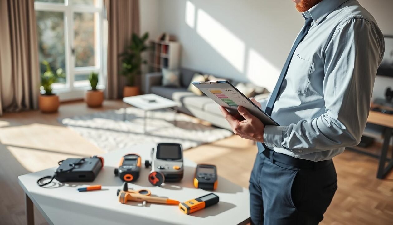 A professional interior scene depicting an energy performance diagnostic assessment in a cozy apartment. In the foreground, a professional inspector, dressed in business attire, examines energy efficiency ratings on a portable device while holding a clipboard. In the middle, various diagnostic tools, such as thermal cameras and energy meters, are laid out on a table. The background features a well-lit living room with a large window, showcasing energy-efficient windows and well-arranged furniture. Natural light filters through, creating a warm atmosphere. The composition reflects a sense of professionalism and expertise, highlighting both the diagnostic process and the costs associated with home energy efficiency assessments. Soft shadows enhance the depth, ensuring a clean and focused look.