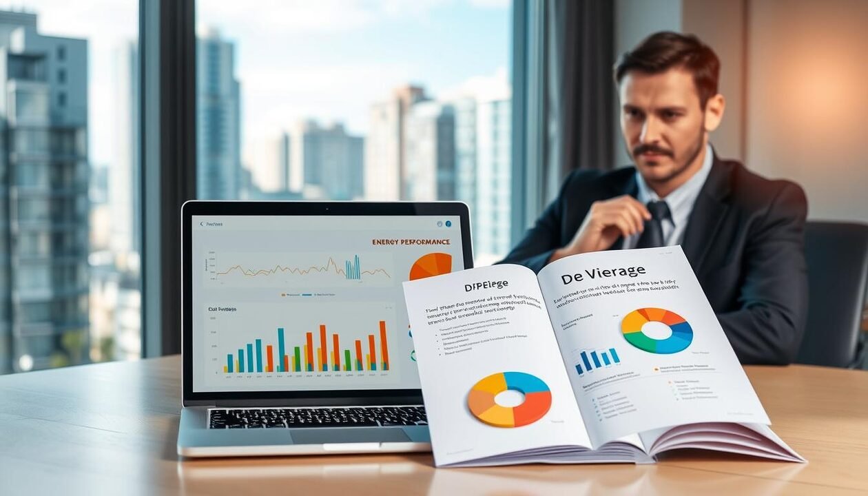 A professional office environment with a modern desk at the forefront, featuring a laptop displaying energy performance graphs and charts related to property rental increases. Next to the laptop, an open document titled "DPE Vierge" with a colorful pie chart illustrating energy consumption metrics. In the background, a window with a view of a cityscape, showcasing contemporary buildings to represent urban real estate. Soft, natural light filters through the window, creating a bright and inviting atmosphere. A business professional in smart attire, focused on the laptop, embodies determination and expertise in real estate regulations. The image conveys a serious yet optimistic mood, emphasizing the importance of understanding regulatory implications of energy performance and rental contracts. A professional office environment with a modern desk at the forefront, featuring a laptop displaying energy performance graphs and charts related to property rental increases. Next to the laptop, an open document titled "DPE Vierge" with a colorful pie chart illustrating energy consumption metrics. In the background, a window with a view of a cityscape, showcasing contemporary buildings to represent urban real estate. Soft, natural light filters through the window, creating a bright and inviting atmosphere. A business professional in smart attire, focused on the laptop, embodies determination and expertise in real estate regulations. The image conveys a serious yet optimistic mood, emphasizing the importance of understanding regulatory implications of energy performance and rental contracts.