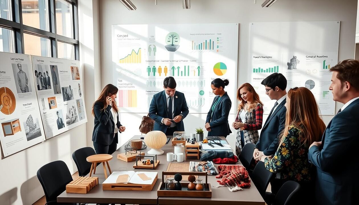 A professional setting that symbolizes the regulatory framework of upcycling in France. In the foreground, a diverse group of individuals in business attire are gathered around a conference table, examining various upcycled products, such as furniture made from reclaimed wood and fashion items from recycled materials. In the middle ground, a large wall is covered with infographics and charts illustrating the legal guidelines and environmental impact of upcycling in France. The background features large windows with natural light streaming in, casting soft shadows across the room, creating a bright and optimistic atmosphere. The scene is captured with a wide-angle lens, providing a sense of depth and professionalism that reflects the importance of sustainability and regulatory compliance in creative industries. A professional setting that symbolizes the regulatory framework of upcycling in France. In the foreground, a diverse group of individuals in business attire are gathered around a conference table, examining various upcycled products, such as furniture made from reclaimed wood and fashion items from recycled materials. In the middle ground, a large wall is covered with infographics and charts illustrating the legal guidelines and environmental impact of upcycling in France. The background features large windows with natural light streaming in, casting soft shadows across the room, creating a bright and optimistic atmosphere. The scene is captured with a wide-angle lens, providing a sense of depth and professionalism that reflects the importance of sustainability and regulatory compliance in creative industries.