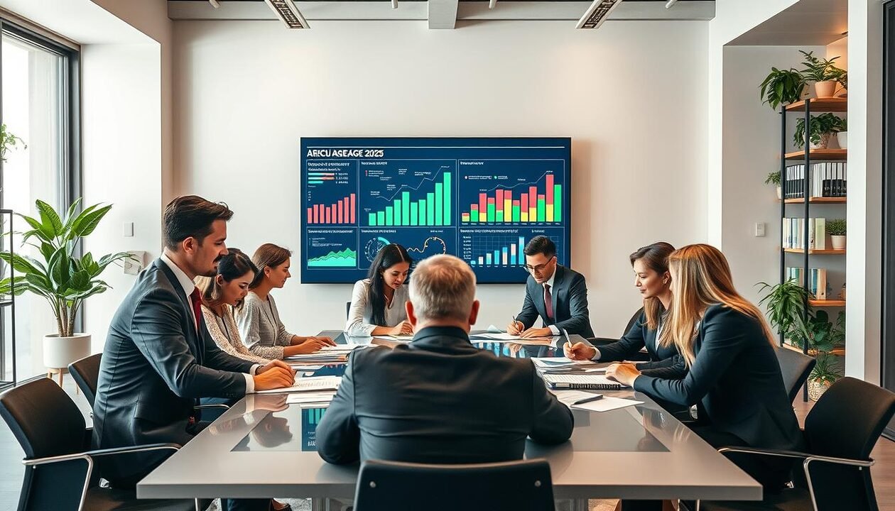 A sophisticated office setting representing the regulatory implications of the AGEC 2025 law. In the foreground, a diverse group of professionals in smart business attire are engaged in a serious discussion, examining documents and data on a modern conference table. The middle ground features a large digital screen displaying graphs and charts related to sustainability and regulatory compliance, symbolizing the law’s impact. The background showcases shelves lined with legal books and potted plants, contributing to a professional atmosphere. Soft, warm lighting enhances an air of collaboration and focus, while a wide-angle perspective captures the entirety of the scene, reflecting the dynamic complexities of regulatory frameworks in a contemporary workspace. A sophisticated office setting representing the regulatory implications of the AGEC 2025 law. In the foreground, a diverse group of professionals in smart business attire are engaged in a serious discussion, examining documents and data on a modern conference table. The middle ground features a large digital screen displaying graphs and charts related to sustainability and regulatory compliance, symbolizing the law’s impact. The background showcases shelves lined with legal books and potted plants, contributing to a professional atmosphere. Soft, warm lighting enhances an air of collaboration and focus, while a wide-angle perspective captures the entirety of the scene, reflecting the dynamic complexities of regulatory frameworks in a contemporary workspace.