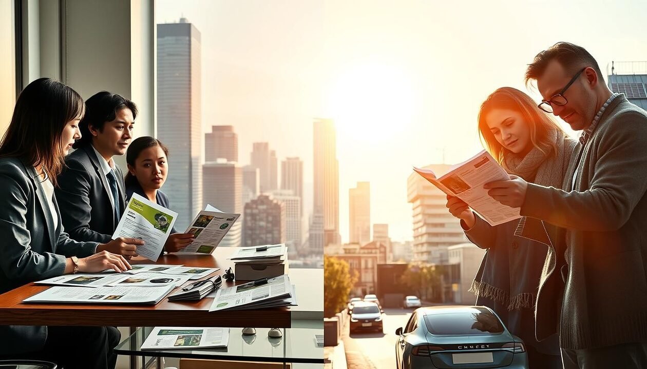A split scene showcasing the impacts of carbon tax on businesses and households. In the foreground, on the left, a group of diverse business professionals in formal attire, discussing strategies around a sustainable office table filled with renewable energy brochures. On the right, a family in cozy, modest clothing examines their monthly bills at home, with visible concern. The middle ground features a cityscape, with skyscrapers using eco-friendly technology, solar panels on rooftops, and electric cars visible on the street. The background depicts a bright, sunny sky, symbolizing a hopeful future. Soft lighting enhances the contrasts while a lens flare adds vibrancy, evoking a serious yet optimistic mood about the transition to sustainable practices. A split scene showcasing the impacts of carbon tax on businesses and households. In the foreground, on the left, a group of diverse business professionals in formal attire, discussing strategies around a sustainable office table filled with renewable energy brochures. On the right, a family in cozy, modest clothing examines their monthly bills at home, with visible concern. The middle ground features a cityscape, with skyscrapers using eco-friendly technology, solar panels on rooftops, and electric cars visible on the street. The background depicts a bright, sunny sky, symbolizing a hopeful future. Soft lighting enhances the contrasts while a lens flare adds vibrancy, evoking a serious yet optimistic mood about the transition to sustainable practices.