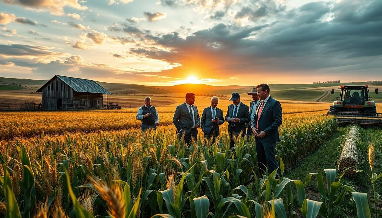 A vibrant agricultural landscape showcasing the consequences of recent regulations on farming practices. In the foreground, a diverse group of farmers in professional business attire, engaged in conversation, examining crops closely. In the middle ground, a variety of crops such as wheat and corn showing signs of stress, symbolizing the impacts of policy changes, while a weathered barn and modern farming equipment stand nearby. The background features rolling hills under a dramatic sky with a golden sunset casting warm light, creating a contemplative atmosphere. The image conveys a sense of urgency and adaptation within the agricultural sector, captured with a DSLR camera, wide-angle lens, ensuring a rich depth of field and vivid colors.