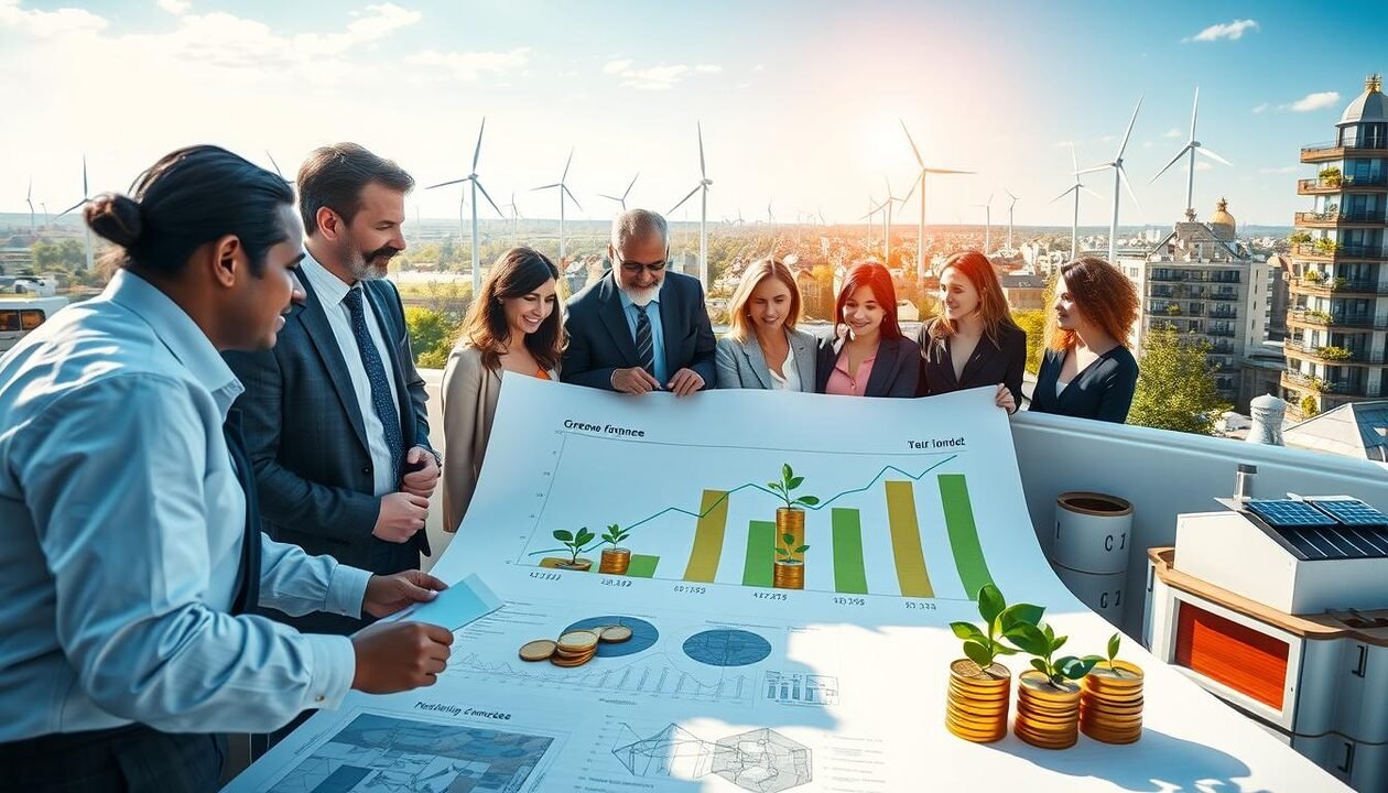 A vibrant and dynamic scene depicting financial support for energy transition in France. In the foreground, a diverse group of professionals in business attire discusses over blueprints and diagrams featuring renewable energy technologies like wind turbines and solar panels. In the middle, a large chart illustrating rising investments and funding sources, alongside symbolic representations of green finance, such as trees growing from coins. The background showcases an urban landscape with wind turbines and solar rooftops integrated into modern architecture, under a bright blue sky. The lighting is bright and optimistic, emphasizing progress and collaboration. The composition focuses on teamwork and innovation in sustainable energy funding.