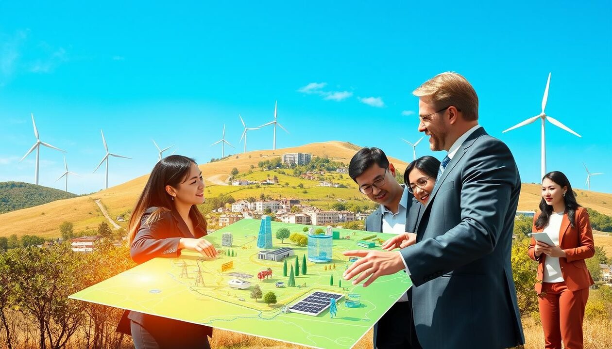 A vibrant and dynamic scene illustrating environmental transition. In the foreground, diverse professionals in business attire collaborate over a digital map displaying renewable energy solutions, such as solar panels and wind turbines. In the middle ground, a modern cityscape showcases green architecture with building-integrated greenery, electric transportation, and smart grids. The background is a clear blue sky, symbolizing a brighter future, dotted with wind turbines on rolling hills. Warm, natural lighting enhances the eco-friendly atmosphere, creating positive energy. The perspective is slightly elevated, capturing a holistic view of innovation and teamwork, evoking a sense of hope and commitment to sustainability. A vibrant and dynamic scene illustrating environmental transition. In the foreground, diverse professionals in business attire collaborate over a digital map displaying renewable energy solutions, such as solar panels and wind turbines. In the middle ground, a modern cityscape showcases green architecture with building-integrated greenery, electric transportation, and smart grids. The background is a clear blue sky, symbolizing a brighter future, dotted with wind turbines on rolling hills. Warm, natural lighting enhances the eco-friendly atmosphere, creating positive energy. The perspective is slightly elevated, capturing a holistic view of innovation and teamwork, evoking a sense of hope and commitment to sustainability.