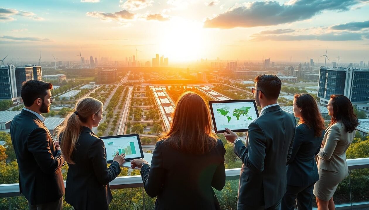 A vibrant scene illustrating the strategic role of reseauBeep in environmental transition. In the foreground, a diverse group of professionals in business attire collaborate over digital devices displaying eco-friendly graphs and diagrams. In the middle ground, a modern urban setting with green spaces, solar panels, and wind turbines, symbolizing sustainable development. The background reveals a sunrise casting warm golden light, symbolizing hope and renewal. The atmosphere is dynamic and optimistic, suggesting innovation and teamwork. Use a wide-angle lens to capture the expansive environment, with a soft focus on the professionals to emphasize their engagement in the transition. Overall, the image should convey a sense of urgency and positivity towards environmental responsibility. A vibrant scene illustrating the strategic role of reseauBeep in environmental transition. In the foreground, a diverse group of professionals in business attire collaborate over digital devices displaying eco-friendly graphs and diagrams. In the middle ground, a modern urban setting with green spaces, solar panels, and wind turbines, symbolizing sustainable development. The background reveals a sunrise casting warm golden light, symbolizing hope and renewal. The atmosphere is dynamic and optimistic, suggesting innovation and teamwork. Use a wide-angle lens to capture the expansive environment, with a soft focus on the professionals to emphasize their engagement in the transition. Overall, the image should convey a sense of urgency and positivity towards environmental responsibility.