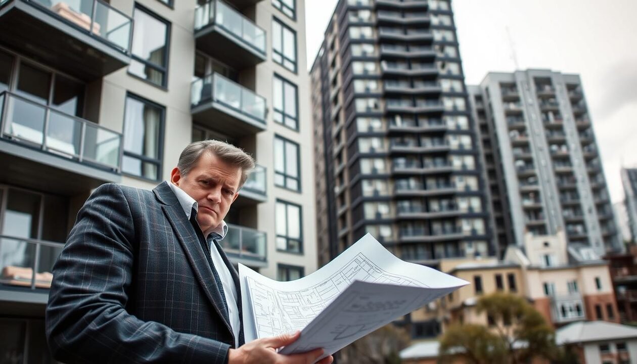 An image depicting a modern apartment building with a focus on a recently installed window that stands out due to its different style and color compared to others. In the foreground, a concerned apartment owner in professional attire examines the window with a frown, holding a set of blueprints. In the middle ground, living spaces show a typical urban environment, while in the background, an imposing, traditional building contrasts with the modern design. Soft, natural lighting highlights the differences in architecture, and the mood conveys tension and contemplation regarding property rules and potential consequences. The angle is slightly below eye level, contributing to a sense of urgency in the scene.