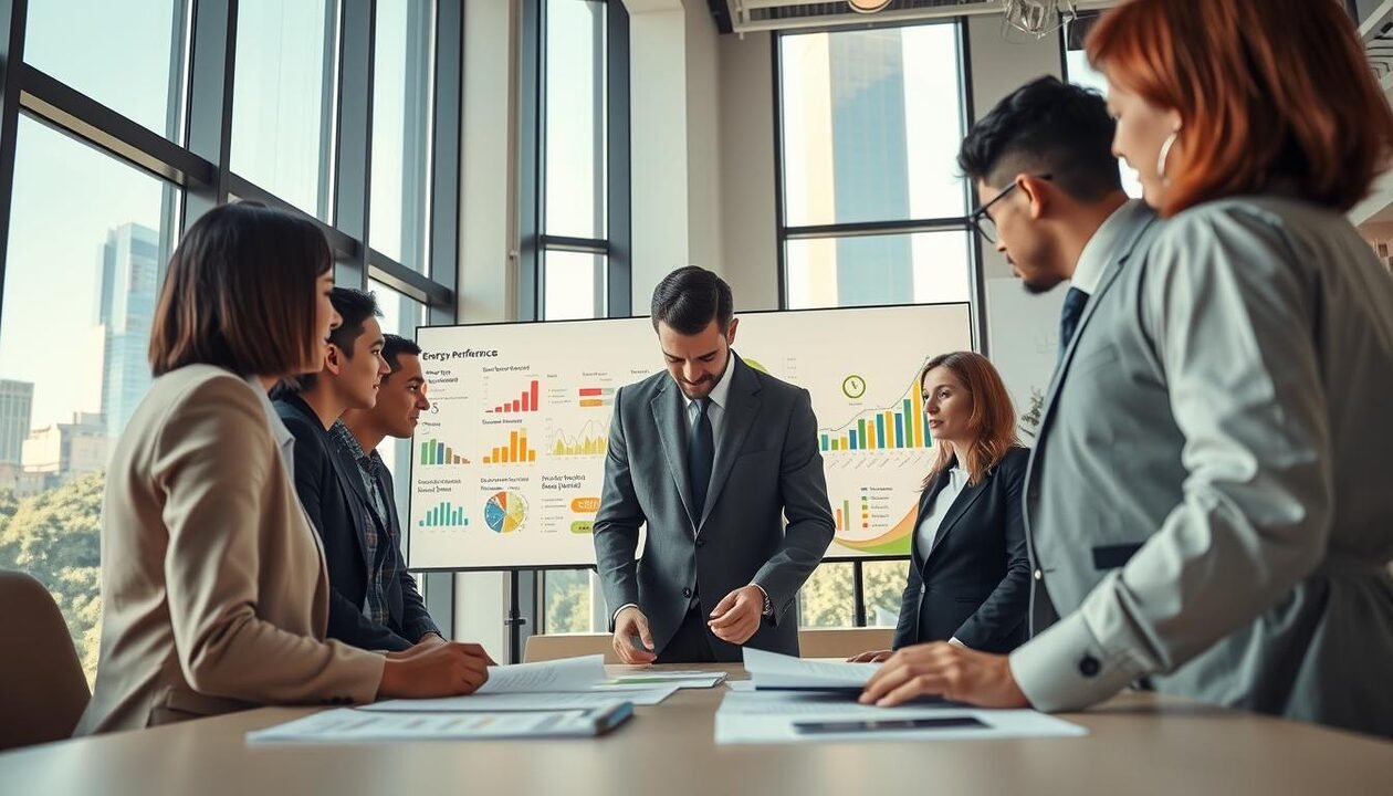 A professional energy performance diagnostic scene set in a modern office environment. In the foreground, a focused group of diverse professionals in business attire is gathered around a table, examining colorful charts and graphs related to energy efficiency. In the middle ground, a large digital screen displays a simulated energy performance report filled with metrics and energy-saving icons. The background reveals tall windows letting in ample natural light, showcasing a city skyline with greenery below, symbolizing a connection between urban living and sustainability. Soft, neutral tones dominate the workspace, creating a calm and collaborative atmosphere, emphasizing professionalism and dedication to sustainable energy practices. The lighting is bright but warm, enhancing the inviting feel of the space, as a low-angle perspective captures the intensity and purpose of the discussion.